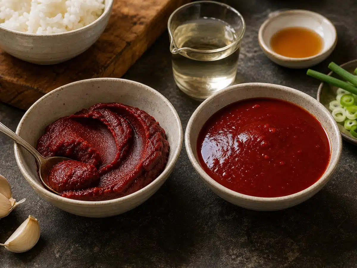 Two bowls showing thick gochujang paste and a loosened red sauce