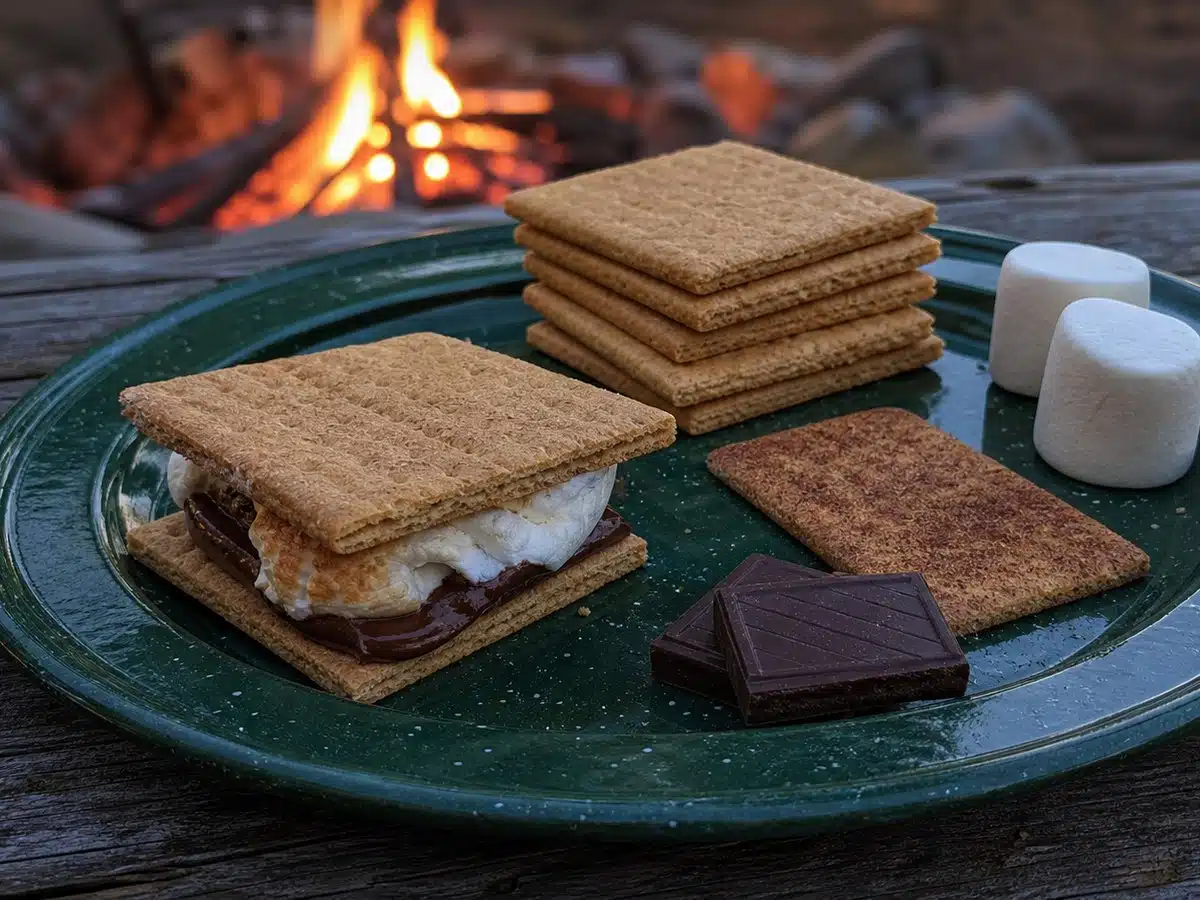 Best graham crackers for s'mores with chocolate and marshmallows by a campfire