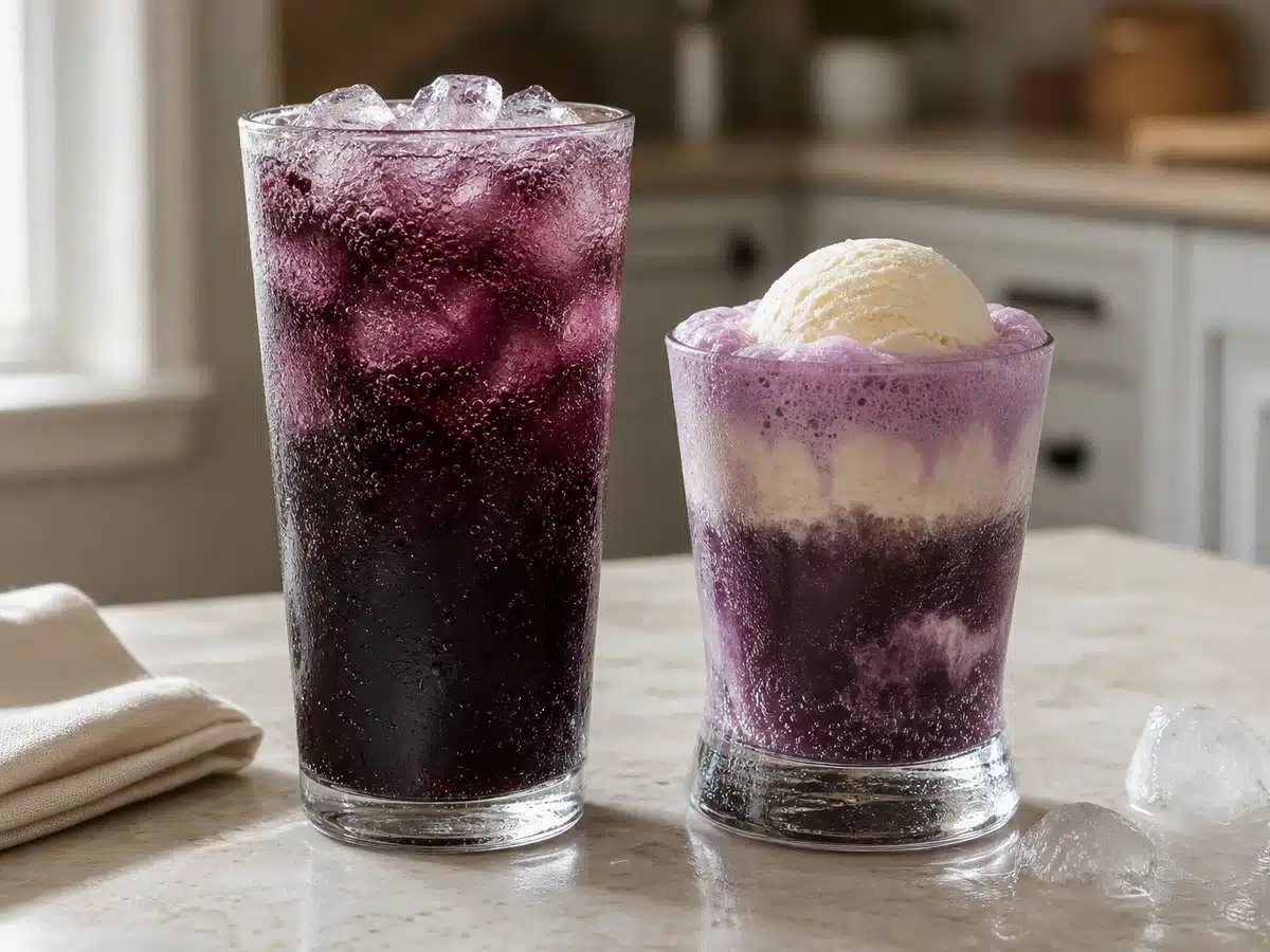 Two glasses showing classic grape soda over ice and a grape soda float with vanilla ice cream