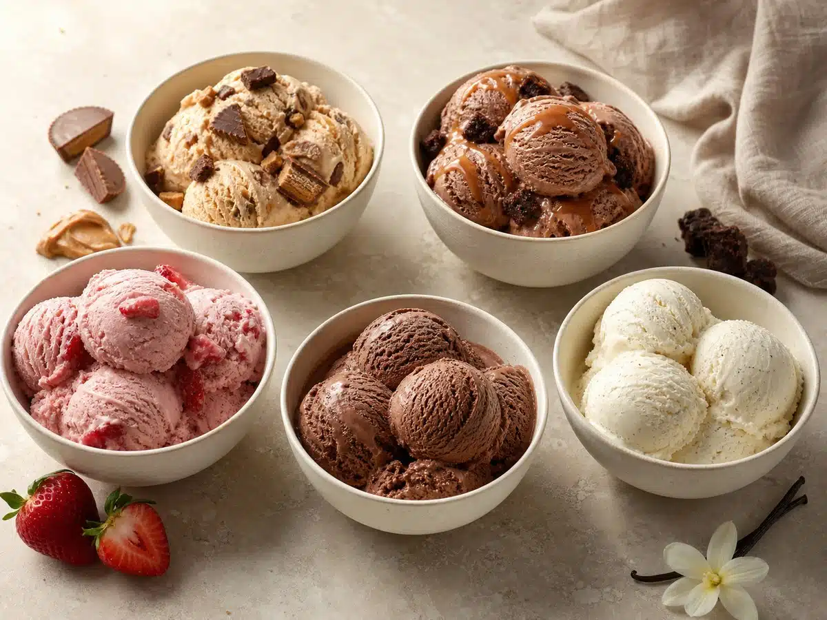 Five Halo Top flavor styles in bowls with peanut butter, chocolate brownie, strawberry, chocolate, and vanilla bean