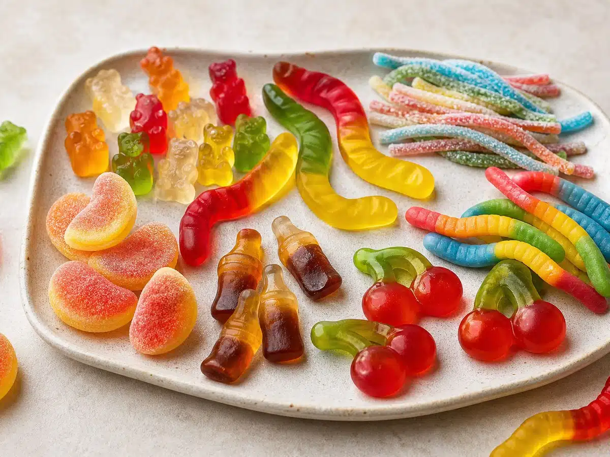 Best Haribo gummies represented by unbranded bears, snakes, sour strands, peaches, bottles, cherries, and worms
