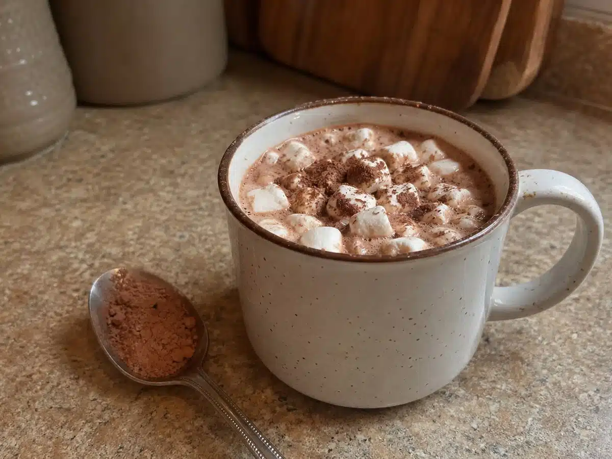Best hot cocoa mix: a mug of hot cocoa with melting mini marshmallows