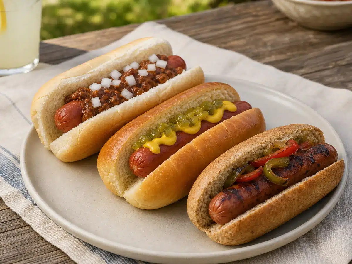 Three unbranded hot dogs in top-sliced, brioche-style, and whole-wheat buns with different toppings