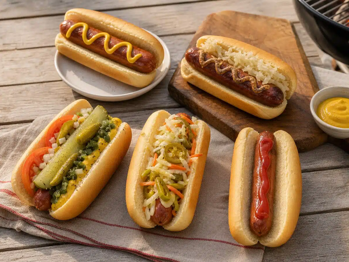 Five unbranded hot dogs with mustard, sauerkraut, pickles, slaw, and ketchup on a picnic table