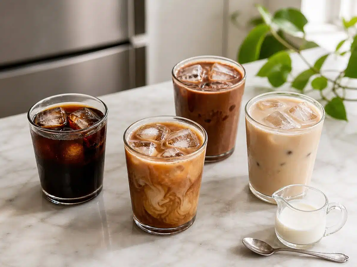 Four unbranded glasses of black, caramel, mocha, and vanilla iced coffee on a kitchen counter