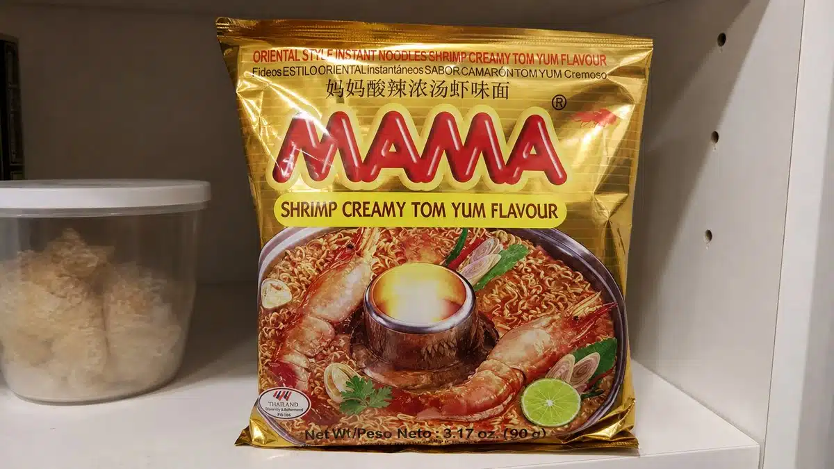 AI product-style photo of MAMA Creamy Tom Yum Instant Noodles for best instant ramen