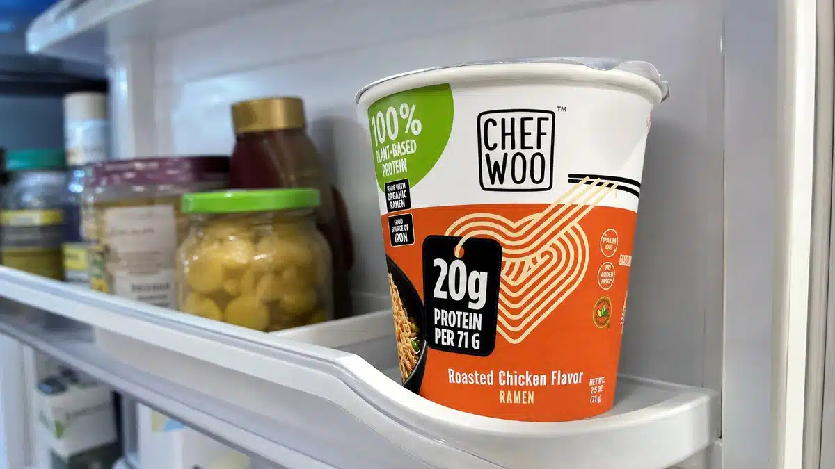 AI product-style photo of Chef Woo Roasted Chicken Ramen Cup for best instant ramen
