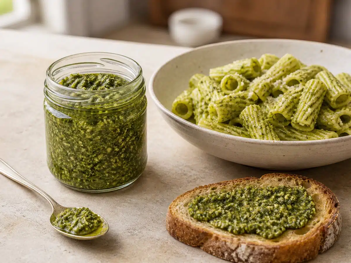 Open jar of coarse basil pesto beside pesto pasta and toast