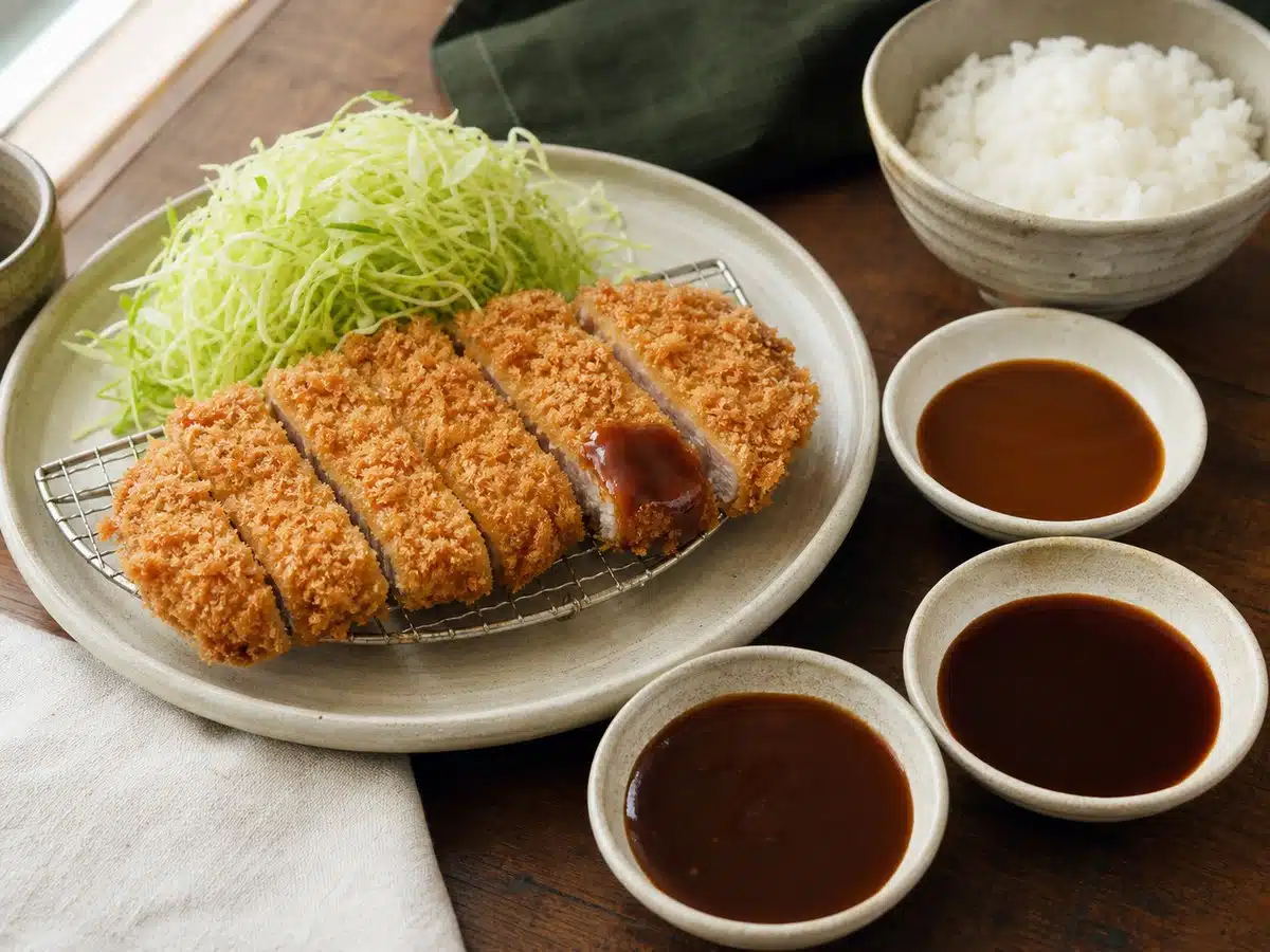 Sliced crispy katsu with shredded cabbage, rice, and three unbranded brown dipping sauces