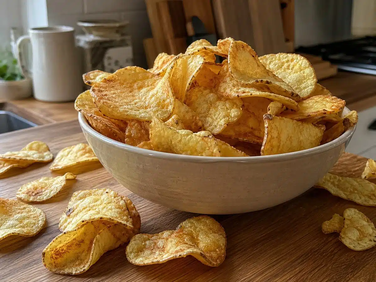 Best kettle cooked potato chips: thick golden chips spilling onto a wooden counter