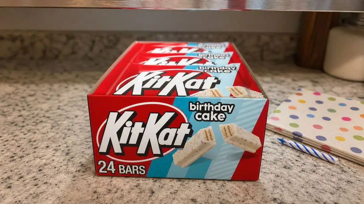 AI product-style photo of KIT KAT Birthday Cake Wafer Candy Bars for best kit kat flavors
