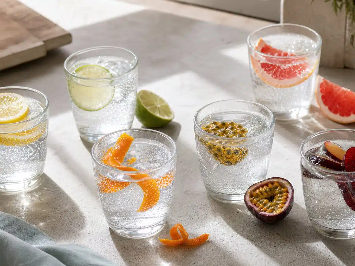 Best LaCroix flavors represented by sparkling water with lemon, lime, grapefruit, tangerine, passion fruit, and plum