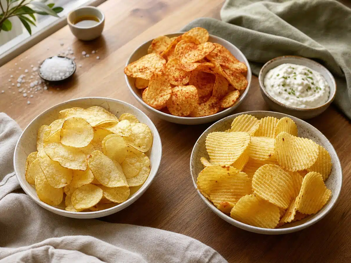 Plain, barbecue-seasoned, and ridged potato chips in a best Lay's flavors comparison