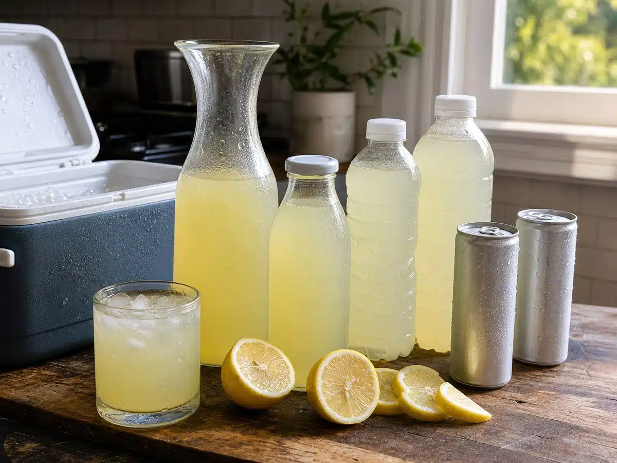 Best lemonade comparison with unbranded still and sparkling drinks beside a picnic cooler and fresh lemons
