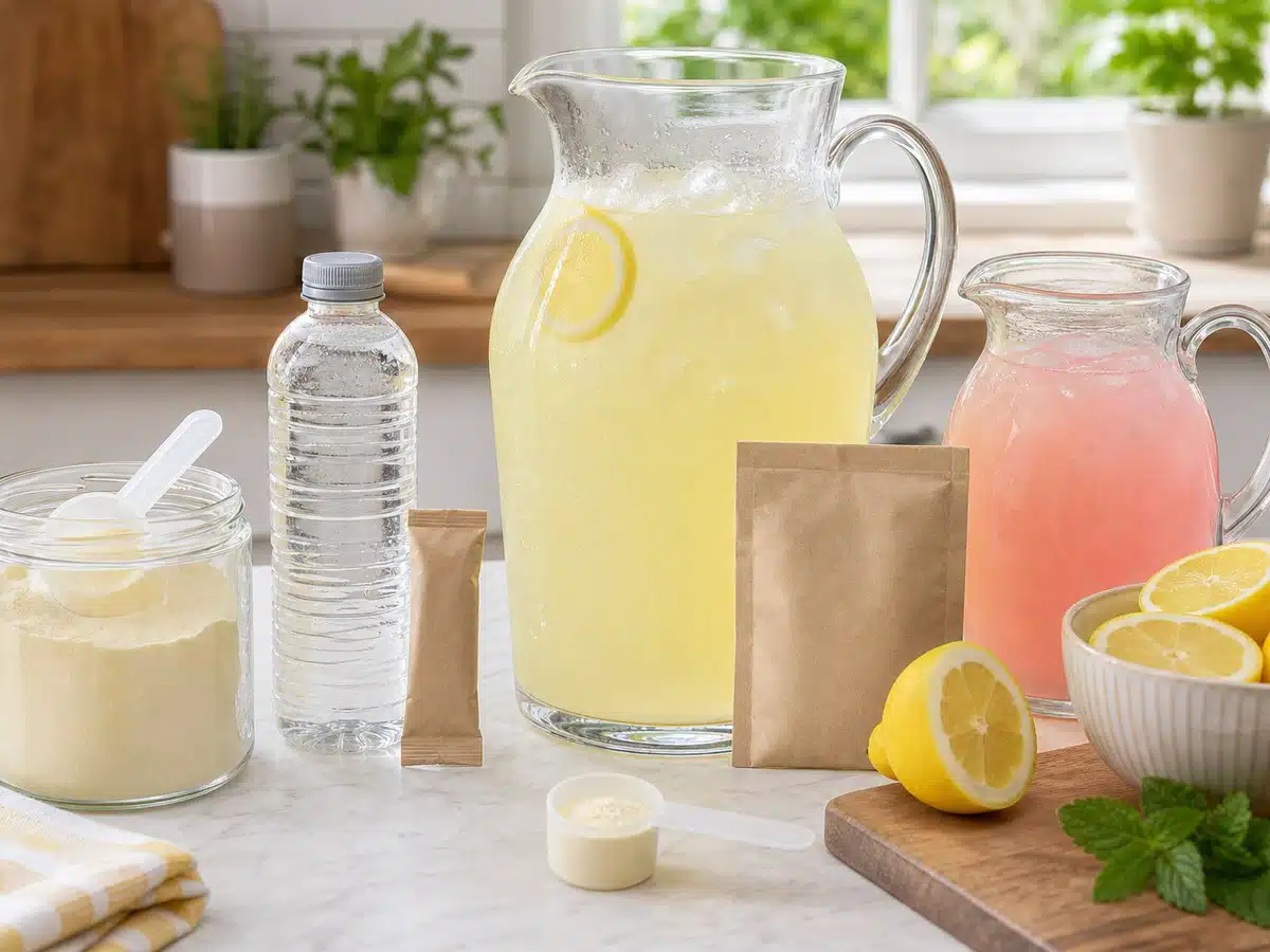 Unbranded lemonade powder, packets, water bottle, and yellow and pink pitchers on a kitchen counter