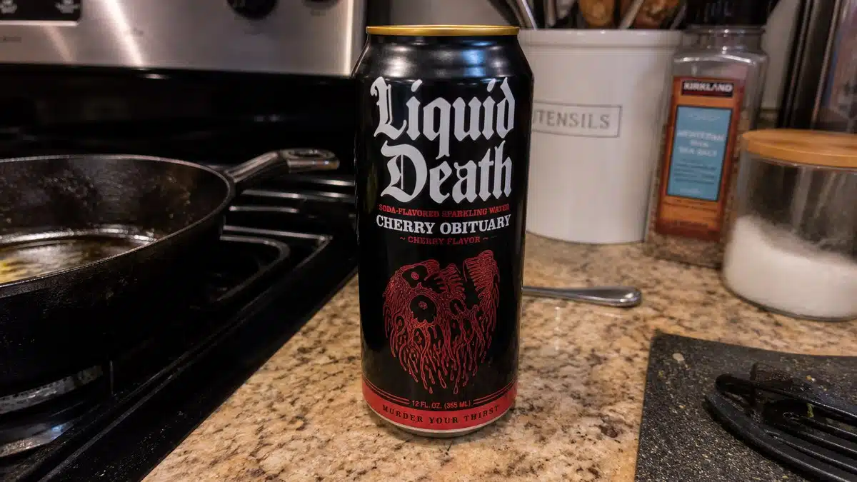 AI product-style photo of Liquid Death Soda-Flavored Sparkling Water - Cherry Obituary for best liquid death flavors