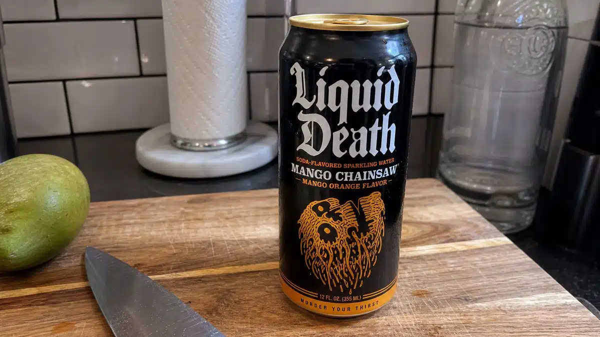 AI product-style photo of Liquid Death Soda-Flavored Sparkling Water - Mango Chainsaw for best liquid death flavors