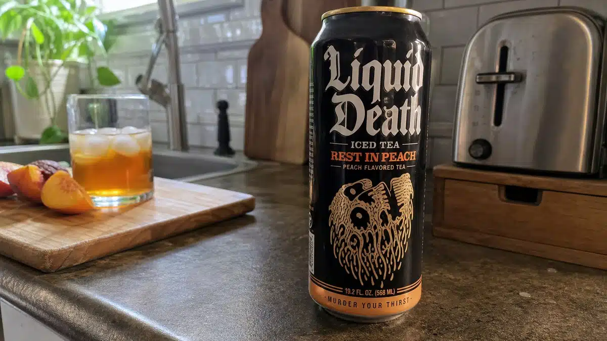 AI product-style photo of Liquid Death Iced Tea - Rest In Peach for best liquid death flavors