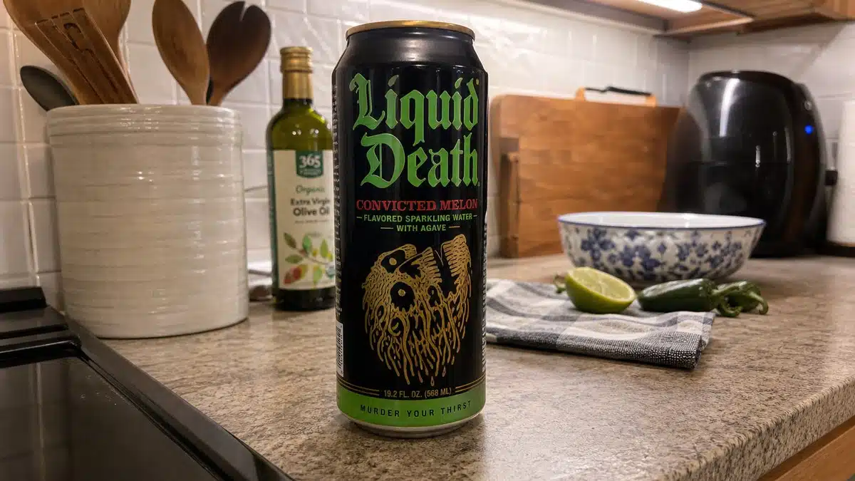 AI product-style photo of Liquid Death Flavored Sparkling Water with Agave - Convicted Melon for best liquid death flavors