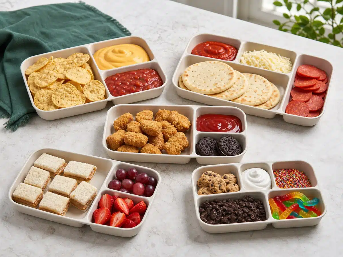 Lunchables flavor comparison shown as unbranded divided snack trays with nachos, pizza ingredients, chicken bites, sandwiches, and dessert toppings