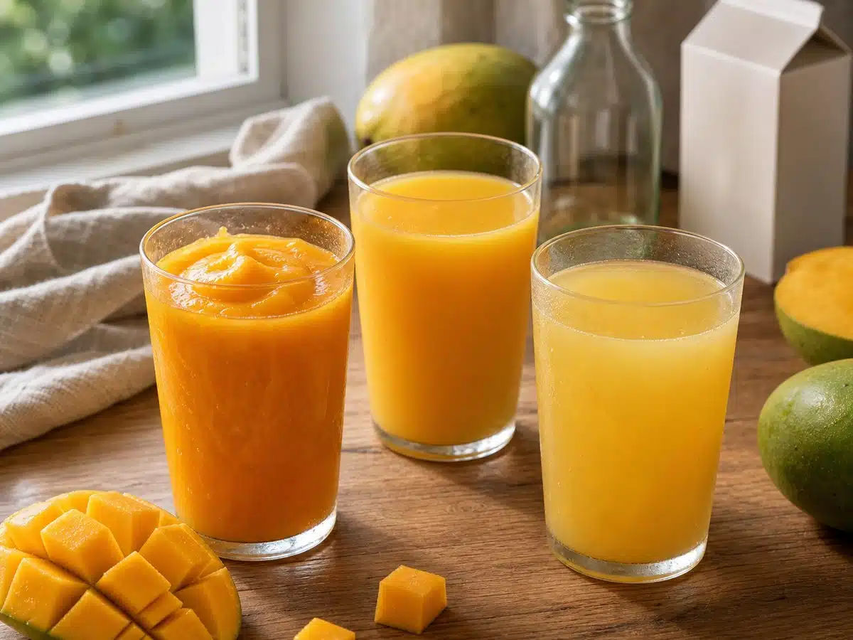 Three unbranded mango beverages showing pulpy juice, smooth nectar, and a lighter fruit blend
