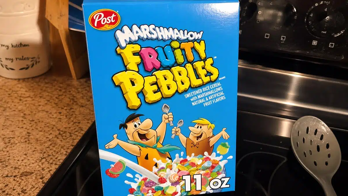 AI product-style photo of Marshmallow Fruity Pebbles Cereal for best marshmallow cereal