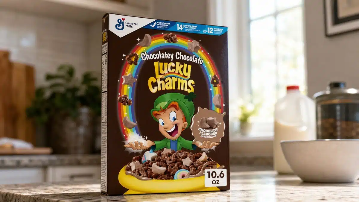 AI product-style photo of Lucky Charms Chocolatey Chocolate Cereal for best marshmallow cereal