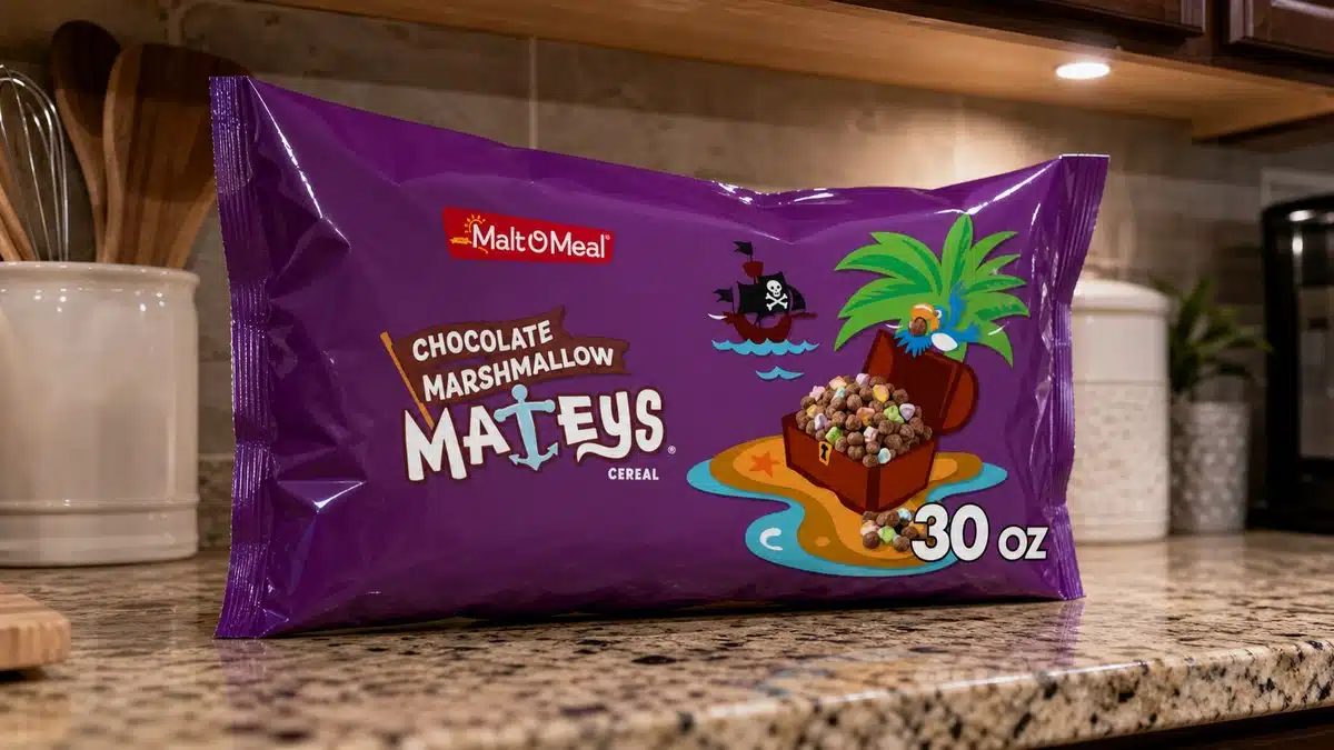 AI product-style photo of Malt-O-Meal Chocolate Marshmallow Mateys Cereal for best marshmallow cereal