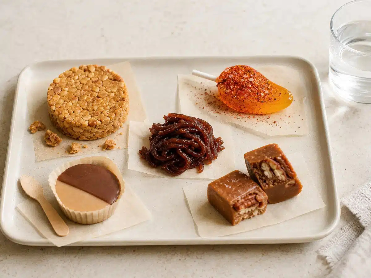 Unbranded Mexican candy tasting flight with peanut confection, chile mango lollipop, tamarind strands, two-tone creme, and pecan milk candy