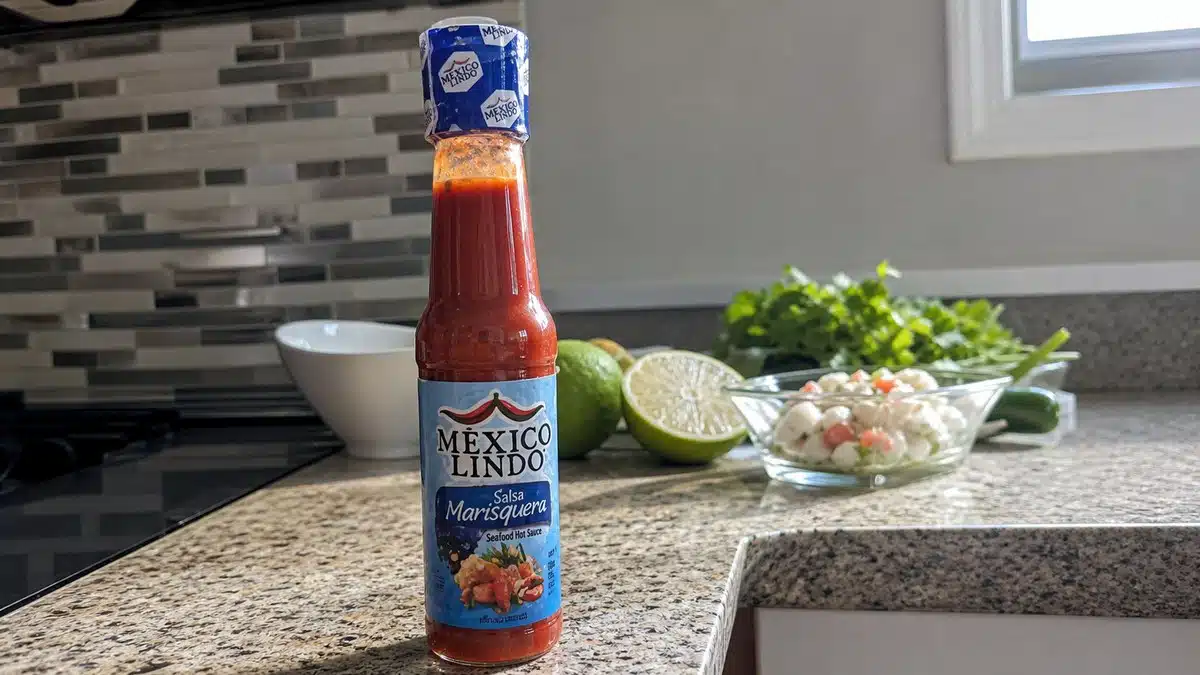 AI product-style photo of Mexico Lindo Salsa Marisquera Seafood Hot Sauce for best mexican hot sauce