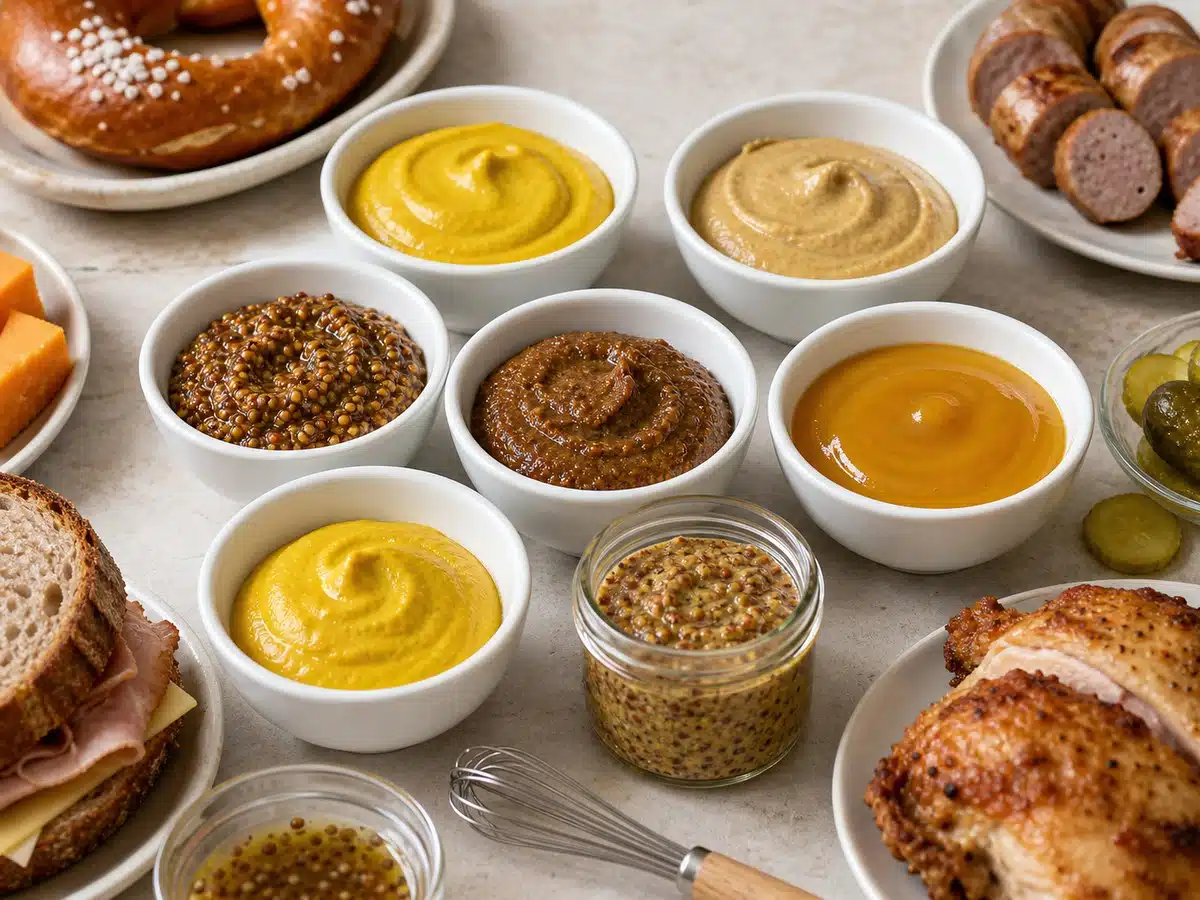 Prepared mustard styles showing smooth yellow, Dijon, honey, spicy brown, English, and whole-seed textures