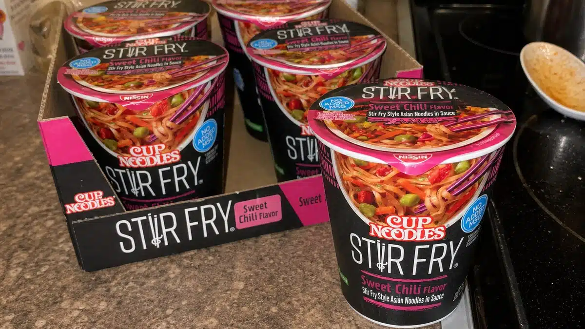 AI product-style photo of Nissin Cup Noodles Stir Fry Sweet Chili for best nissin cup noodles flavors