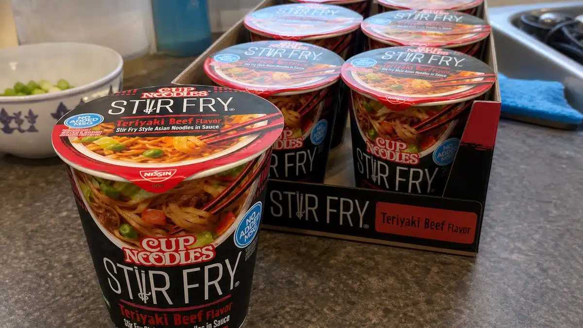 AI product-style photo of Nissin Cup Noodles Stir Fry Teriyaki Beef for best nissin cup noodles flavors