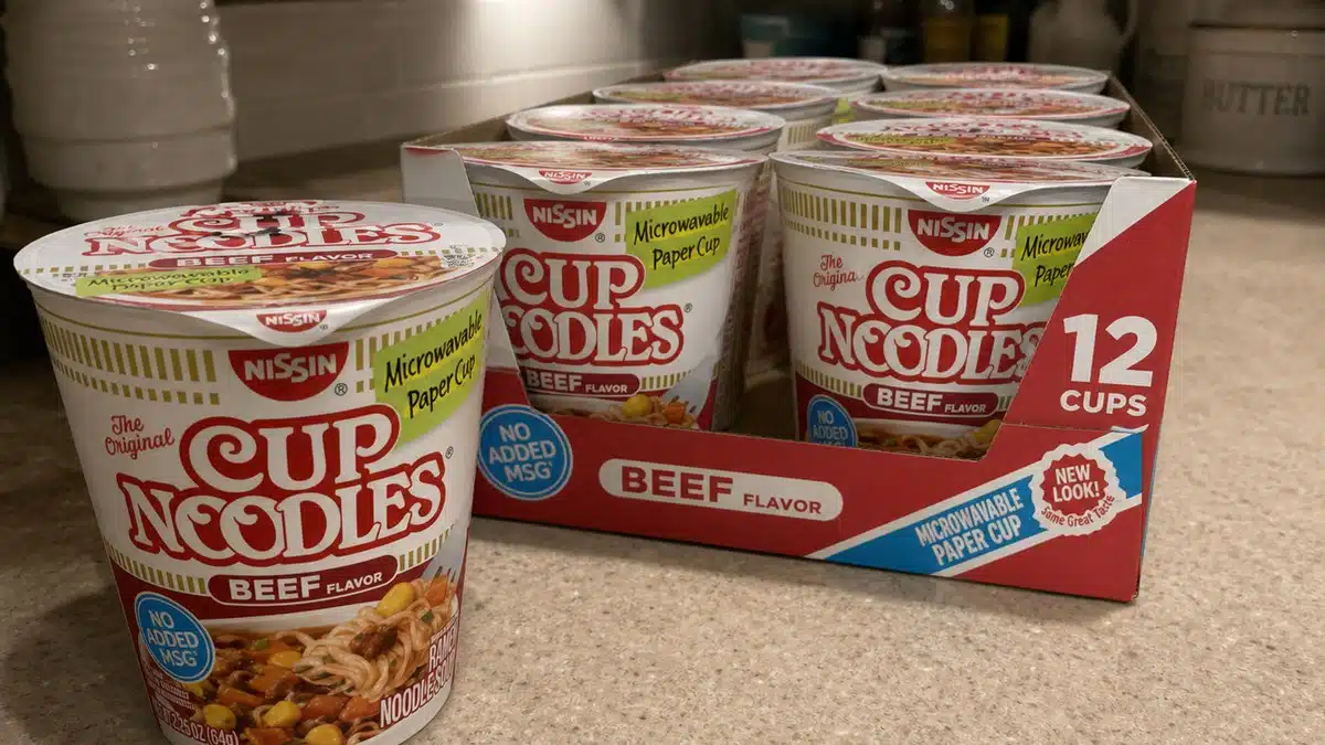 AI product-style photo of Nissin Cup Noodles Beef Flavor for best nissin cup noodles flavors