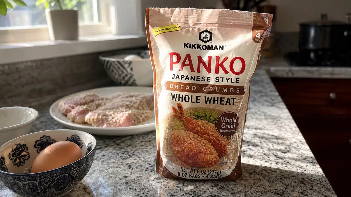 AI product-style photo of Kikkoman Panko Japanese Style Bread Crumbs Whole Wheat for best panko breadcrumbs