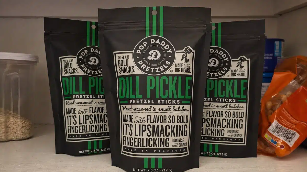 AI product-style photo of Pop Daddy Dill Pickle Pretzel Sticks for best pickle flavored snacks