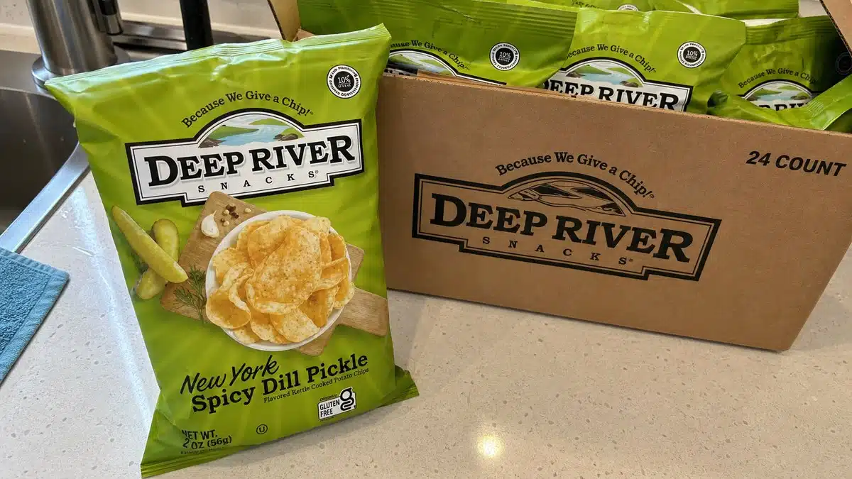 AI product-style photo of Deep River New York Spicy Dill Pickle Kettle Chips for best pickle flavored snacks