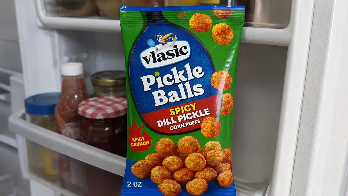 AI product-style photo of Vlasic Pickle Balls Spicy Dill Pickle Corn Puffs for best pickle flavored snacks
