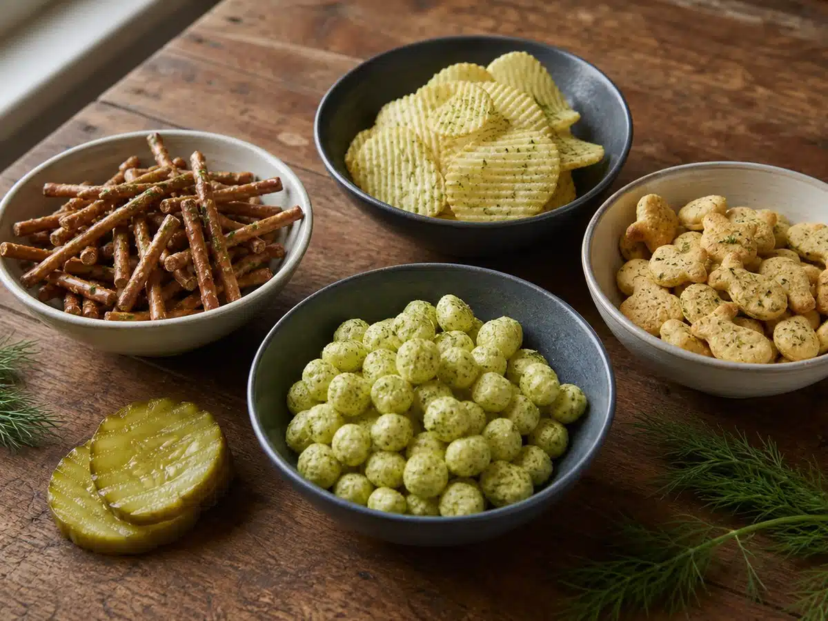 Four pickle-flavored snack textures with dill and pickle slices