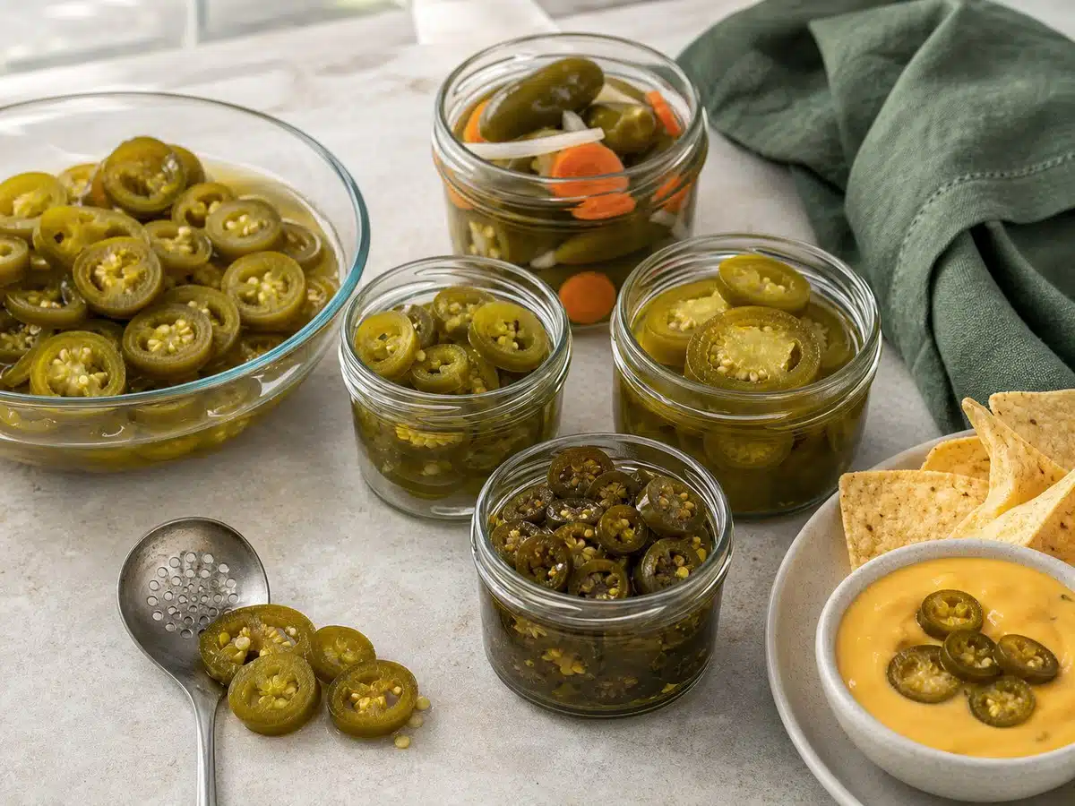 Pickled jalapeño comparison with sliced and whole peppers in brine beside tortilla chips and cheese sauce