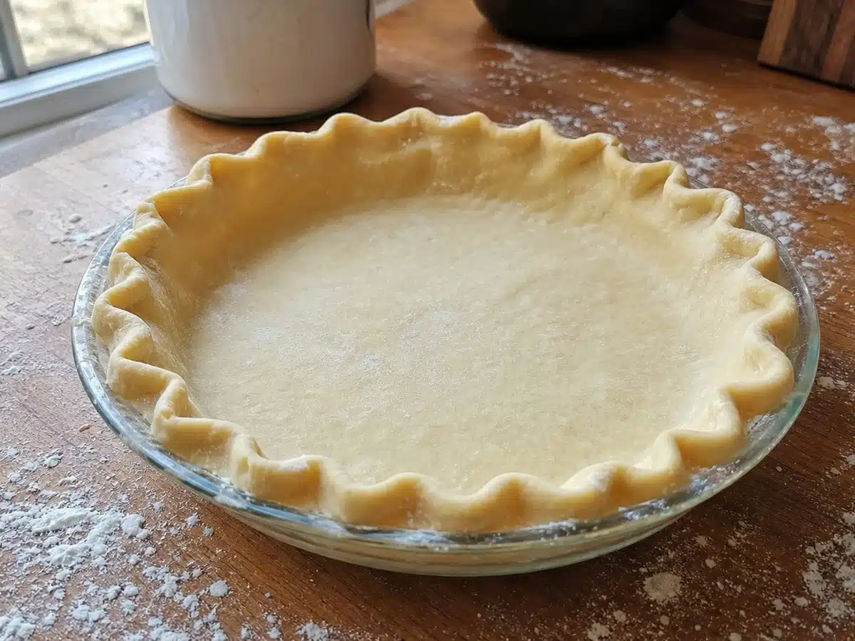 Best pie crust: an unbaked crust pressed into a glass pie dish with crimped edges