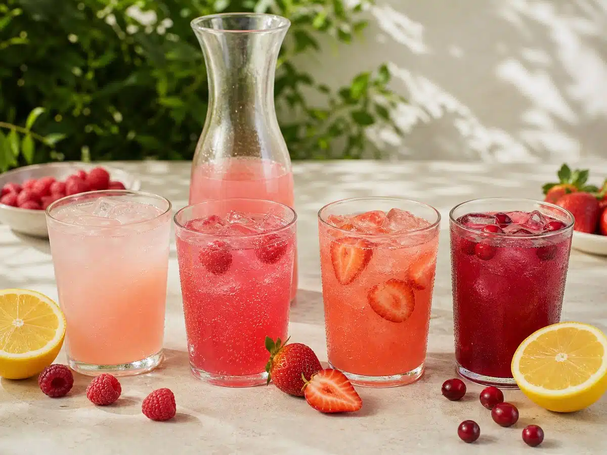 Four shades of pink lemonade with raspberry, strawberry, cranberry, lemon, ice, and bubbles