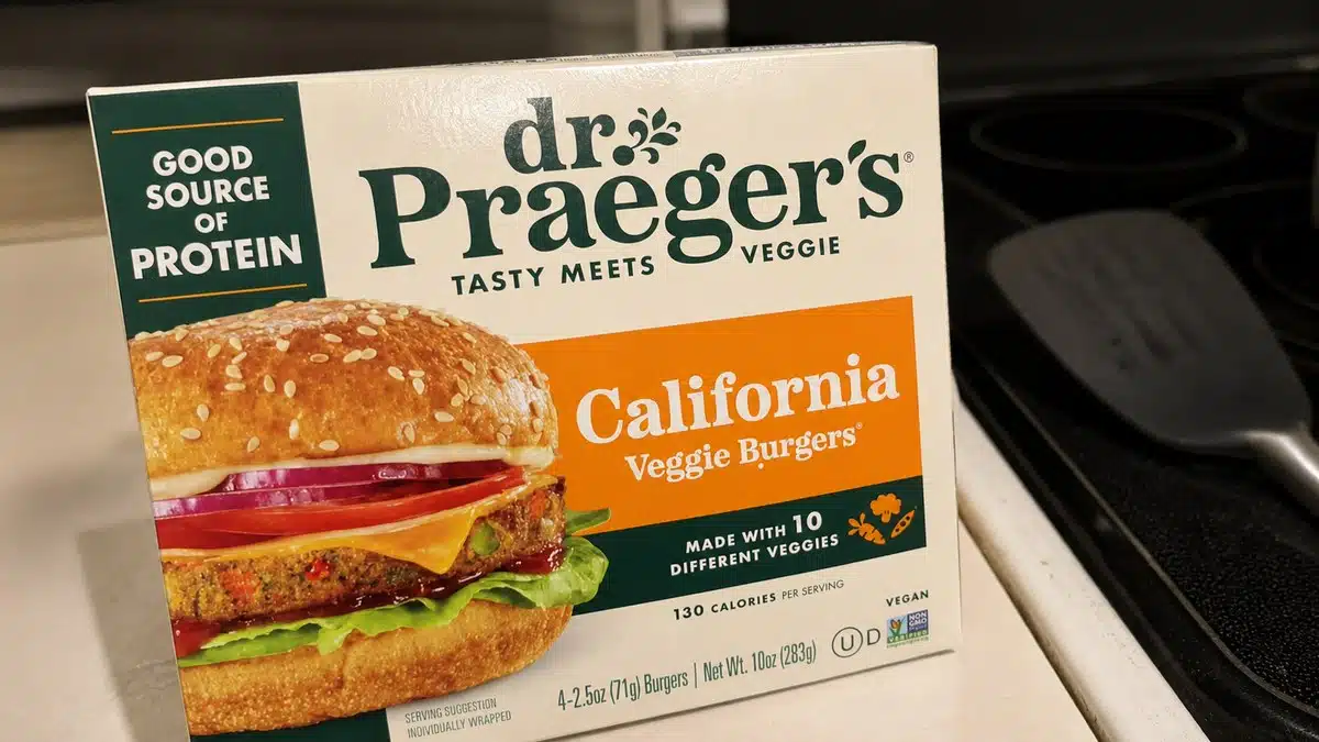 AI product-style photo of Dr. Praeger's California Veggie Burgers for best plant based burgers