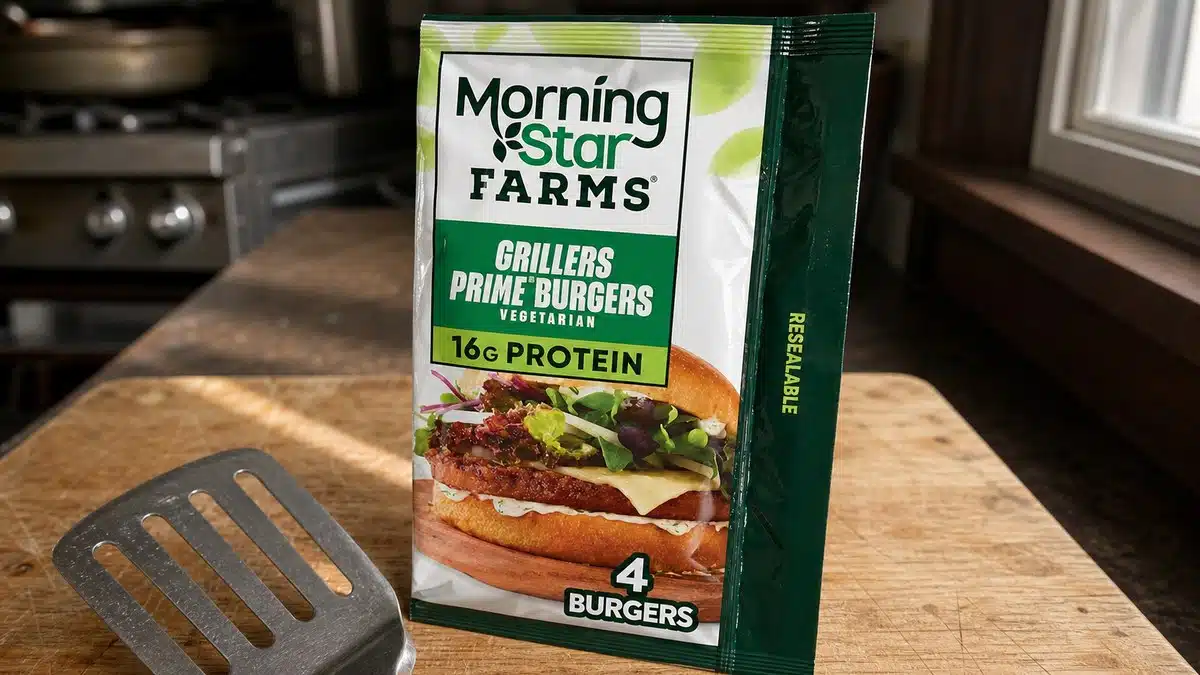 AI product-style photo of MorningStar Farms Grillers Prime Veggie Burgers for best plant based burgers