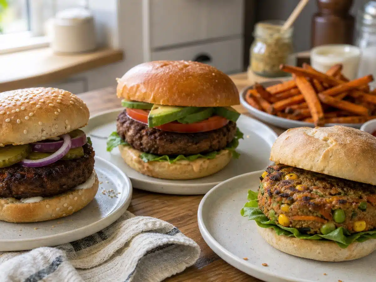 Three cooked plant-based burgers showing beef-style and vegetable-forward patties with sweet potato fries