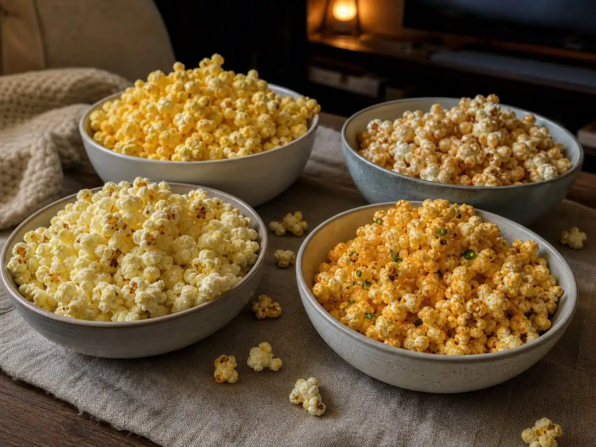 Four bowls showing different ready-to-eat popcorn coatings