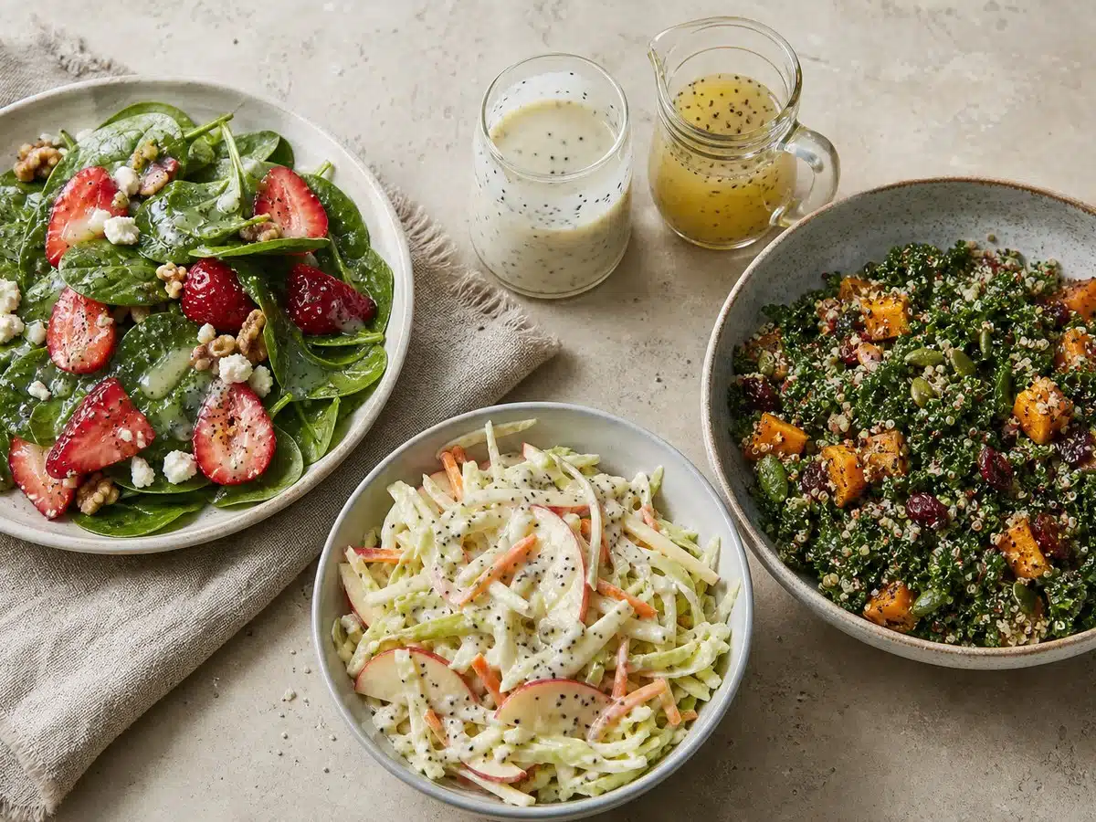 Three salads with creamy and light poppy seed dressings