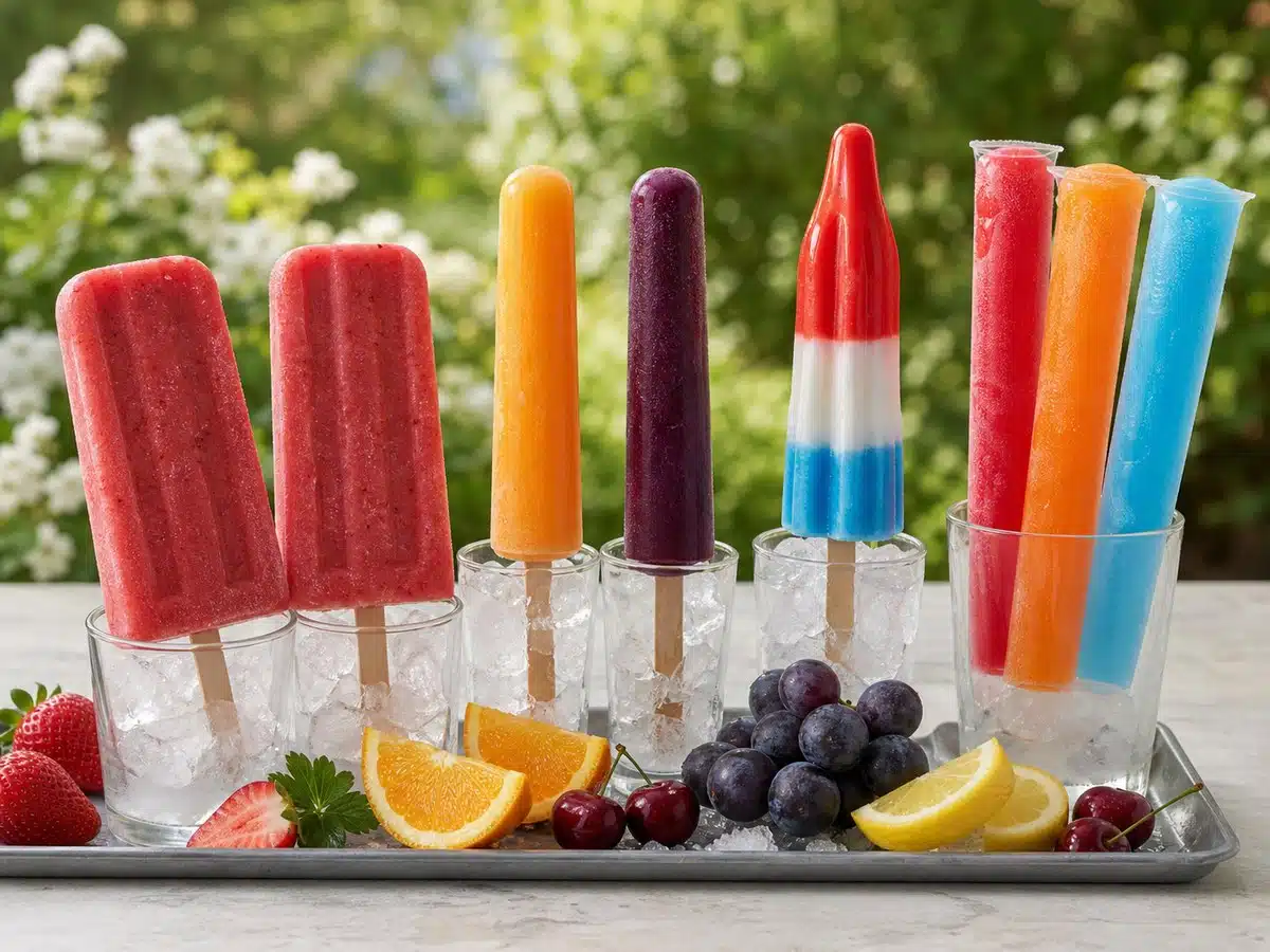 Assorted popsicles showing strawberry fruit bars, classic stick pops, a layered pop, and freezer tubes