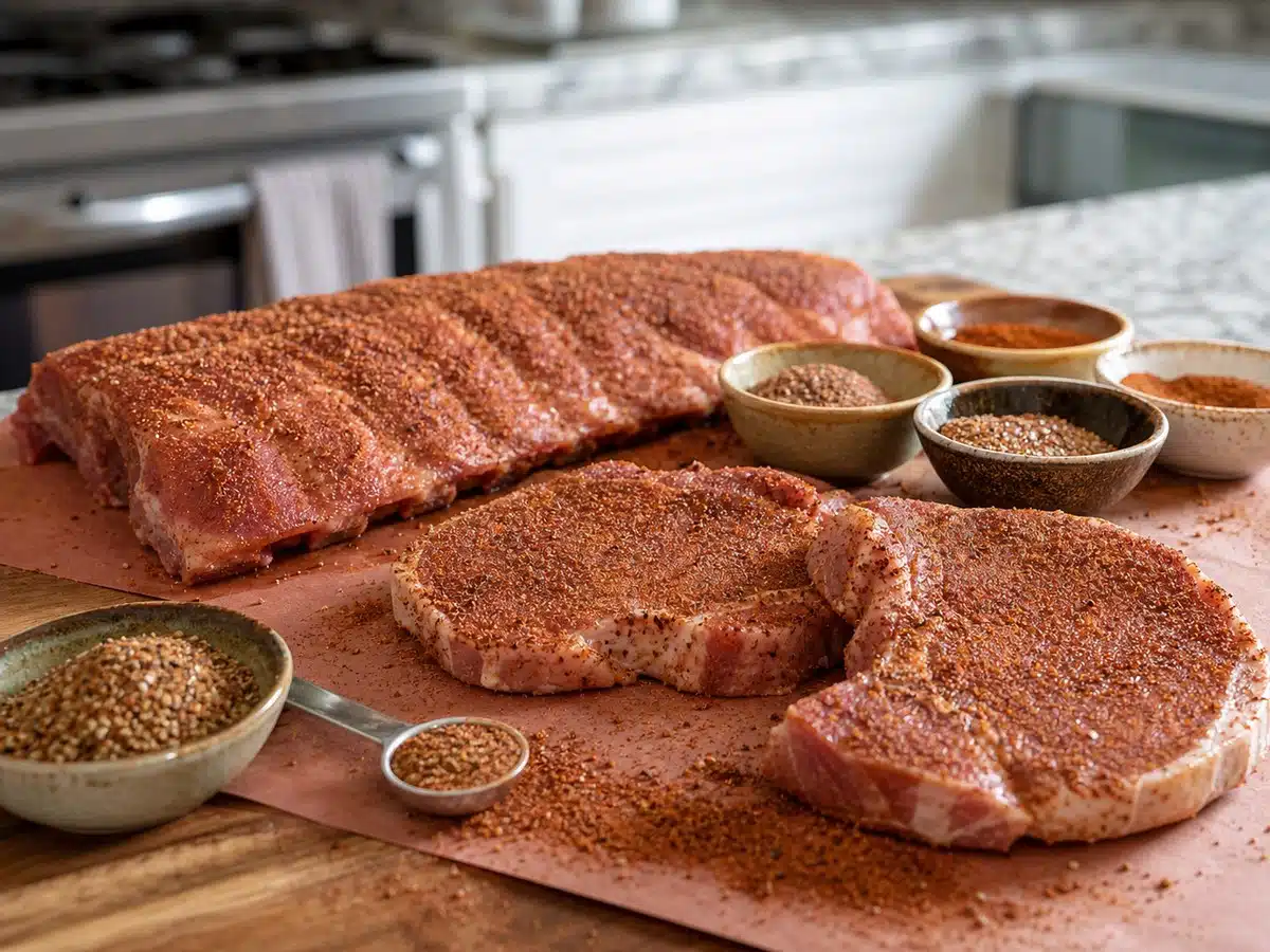 Dry rubbed pork ribs and pork chops with bowls of seasoning for best pork rub
