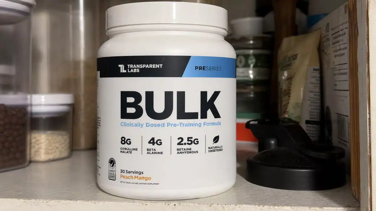 AI product-style photo of Transparent Labs BULK Peach Mango for best pre workout